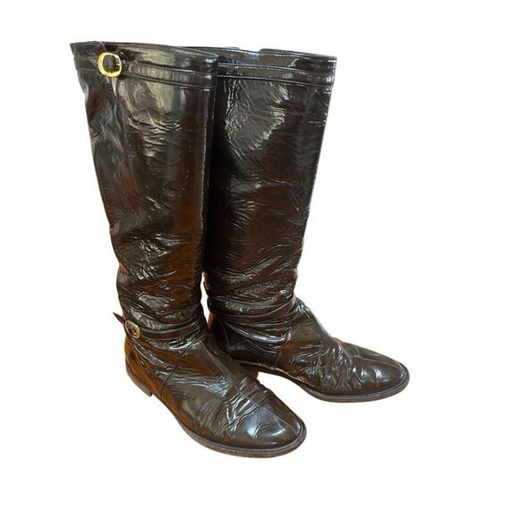 Jimmy Choo Chocolate Brown Patent Leather Riding Boots Gold Buckle Low Heel 38.5 - Picture 3 of 14